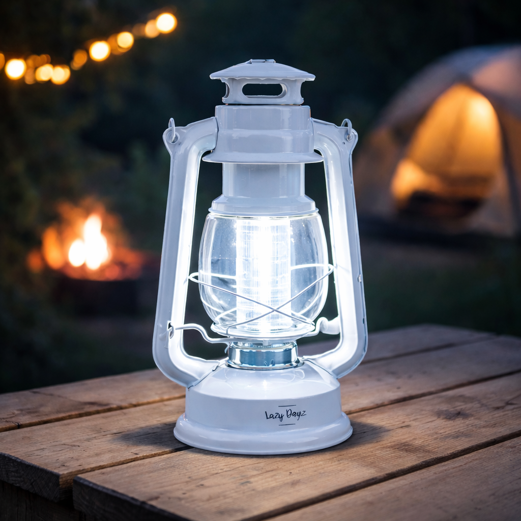 12 LED Solid Metal Camping Hurricane Lantern - White