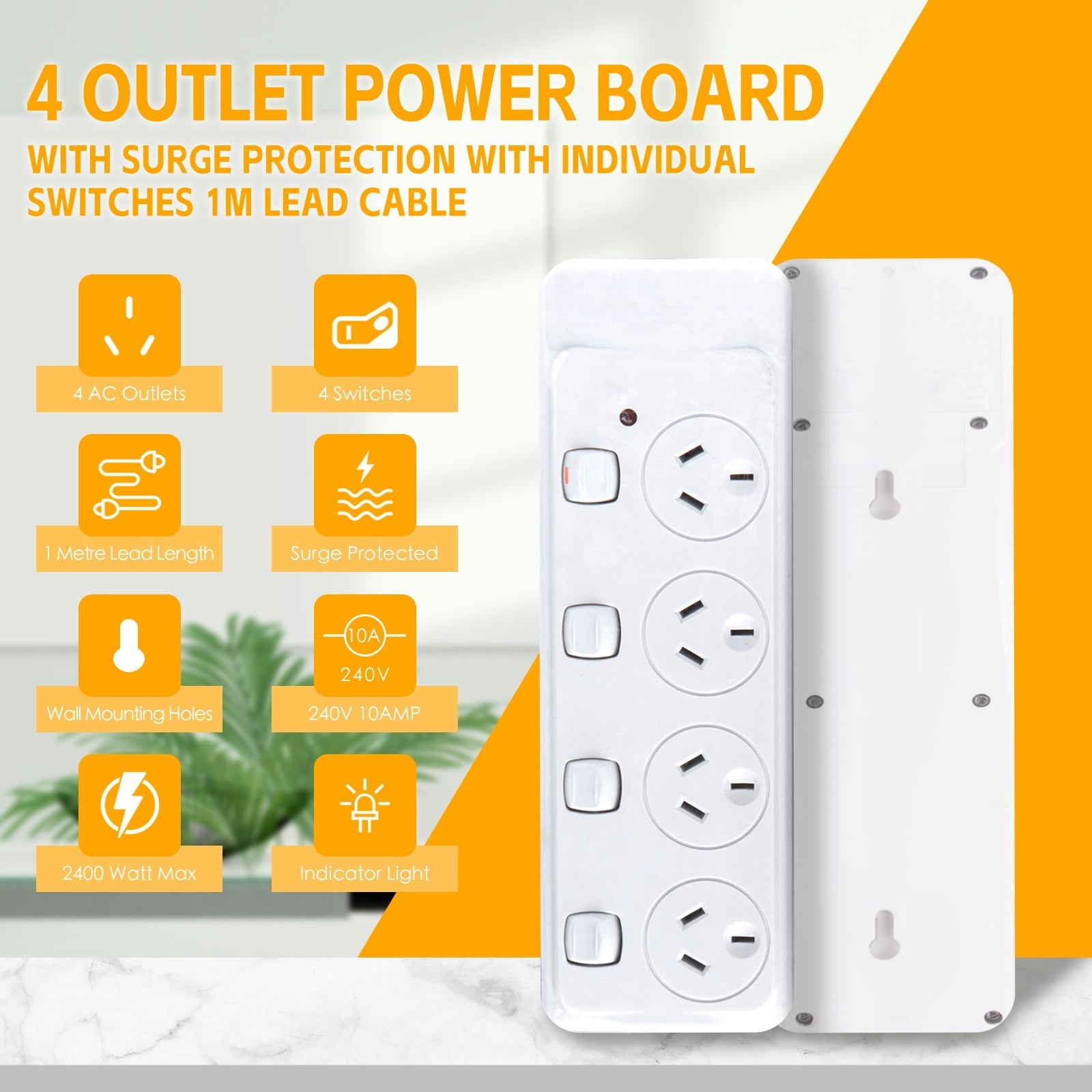 4 Outlet Power Board With Surge Protection With Individual Switches 1M Lead Cable - 04