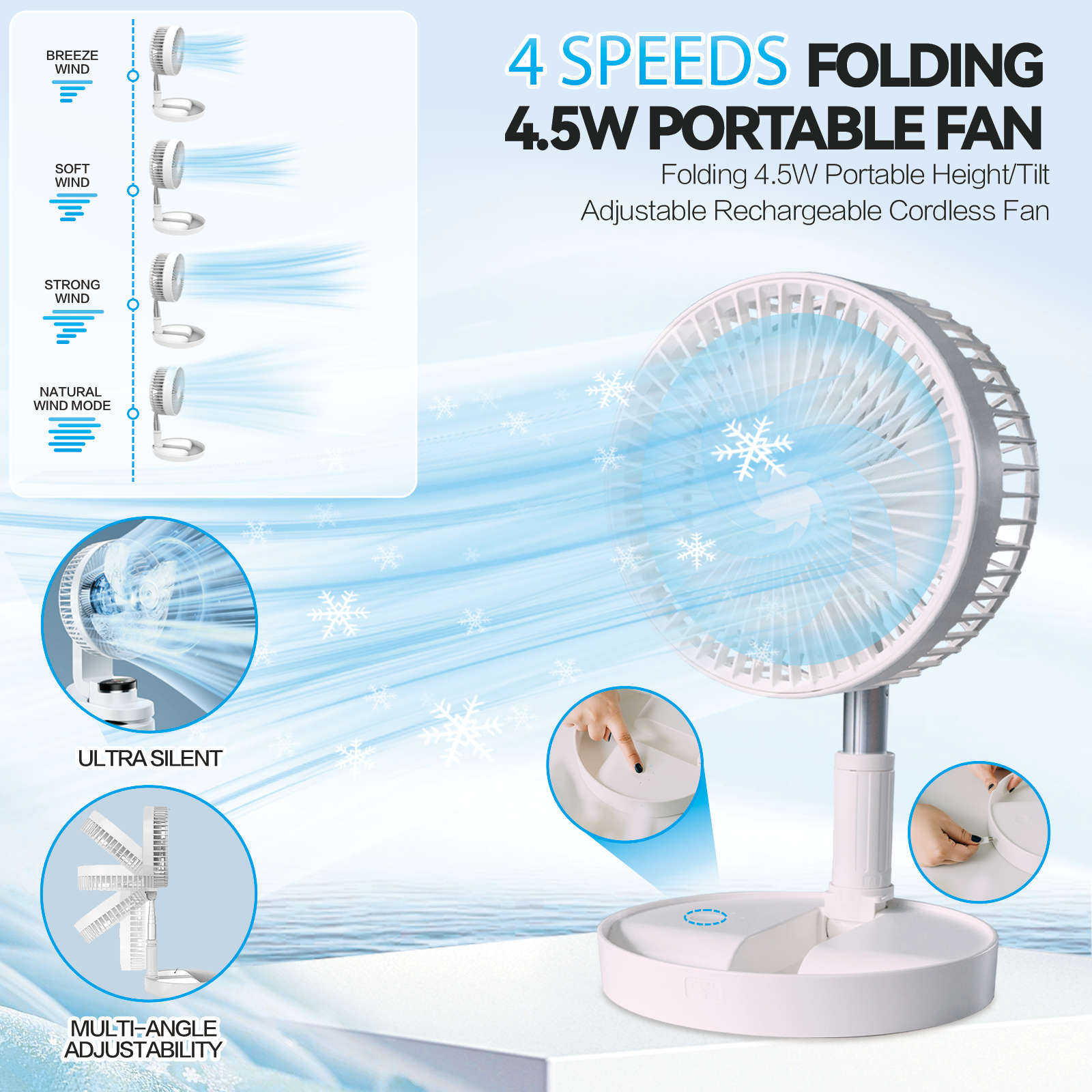 Folding Telescopic 45W Portable Heighttilt Adjustable Rechargeable Cordless Fan - 02