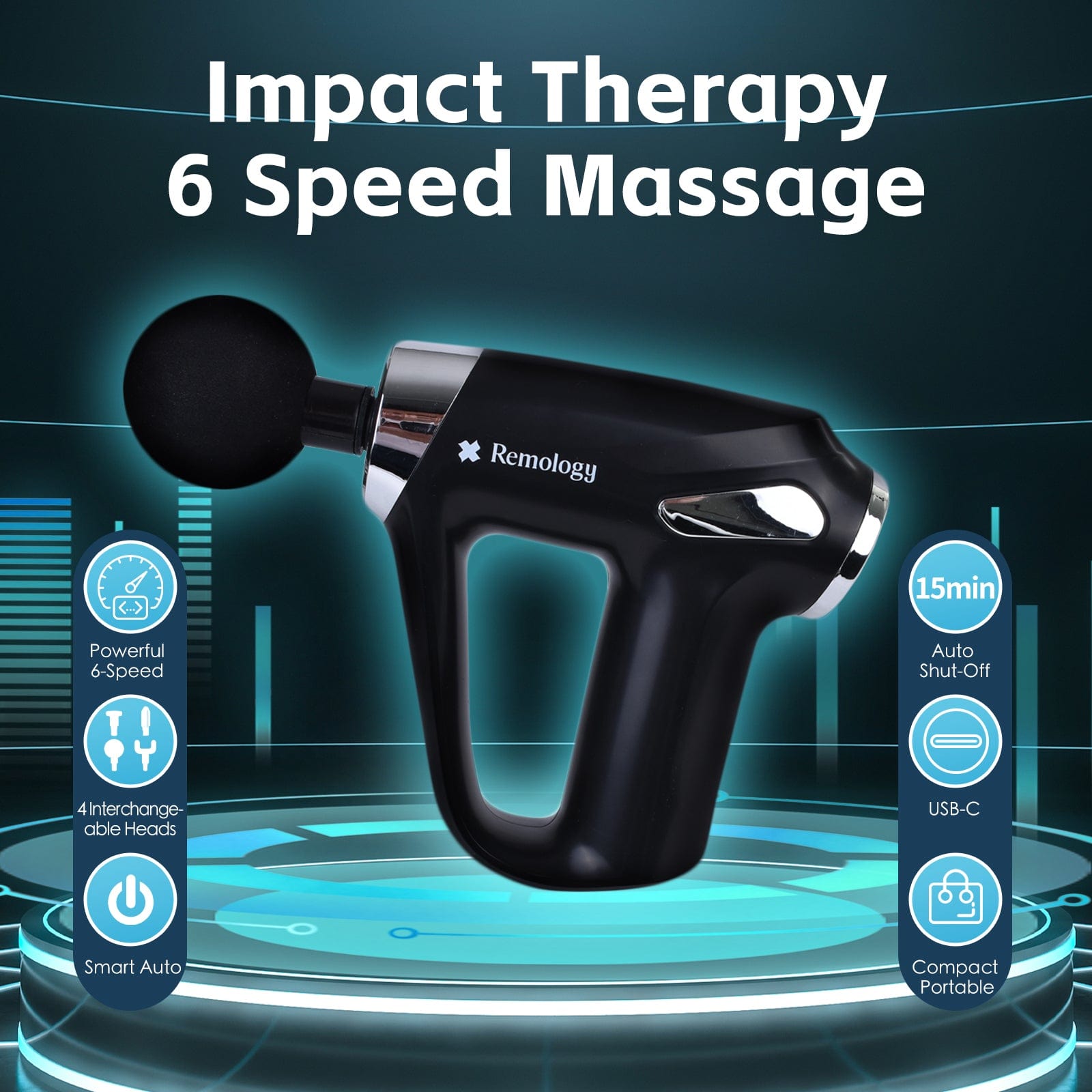Remology Impact Therapy 6 Adaptive Speed Usb C Massage Gun With 4 Heads - 01