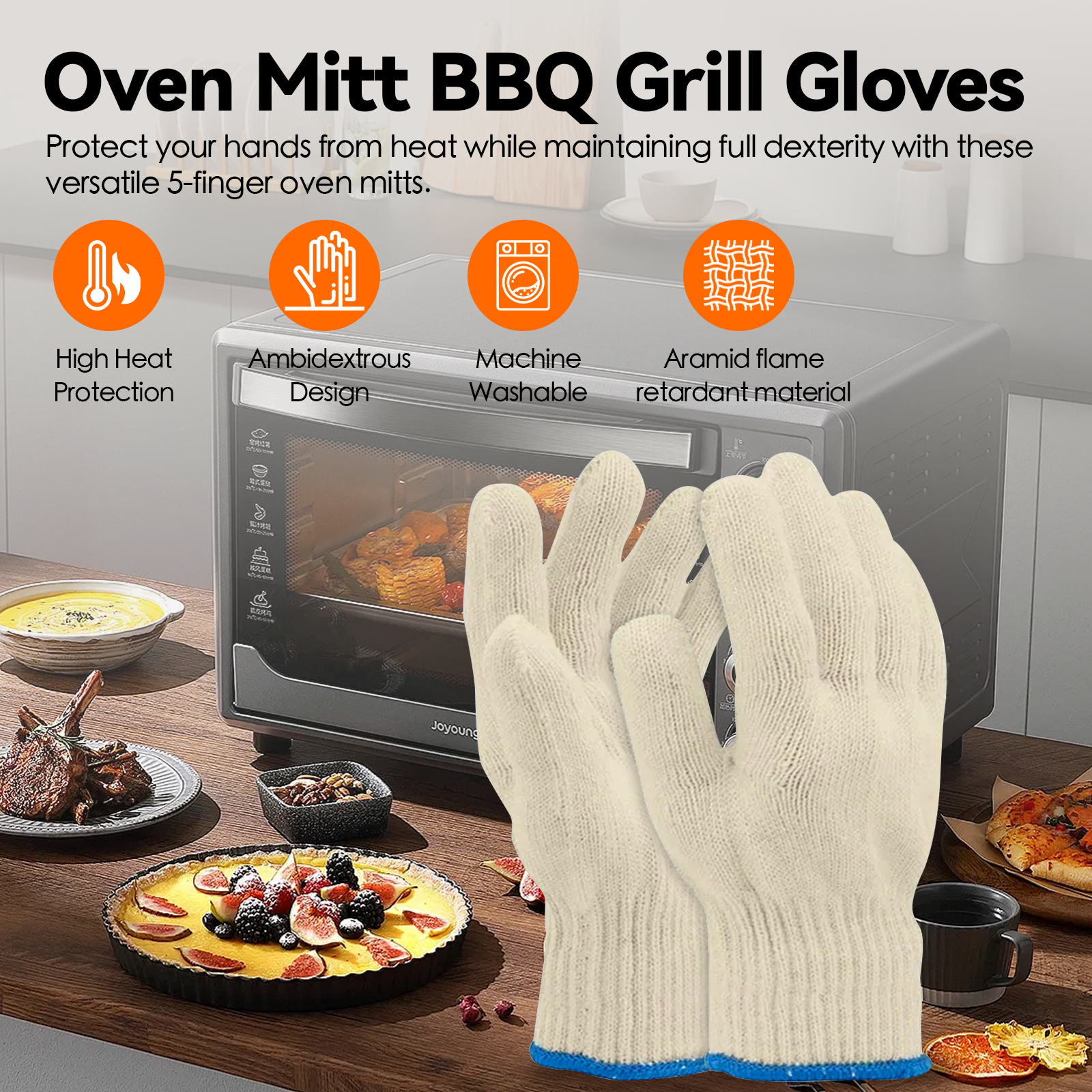 1 Pair 5 Finger Oven Mitt Bbq Grill Gloves - 02