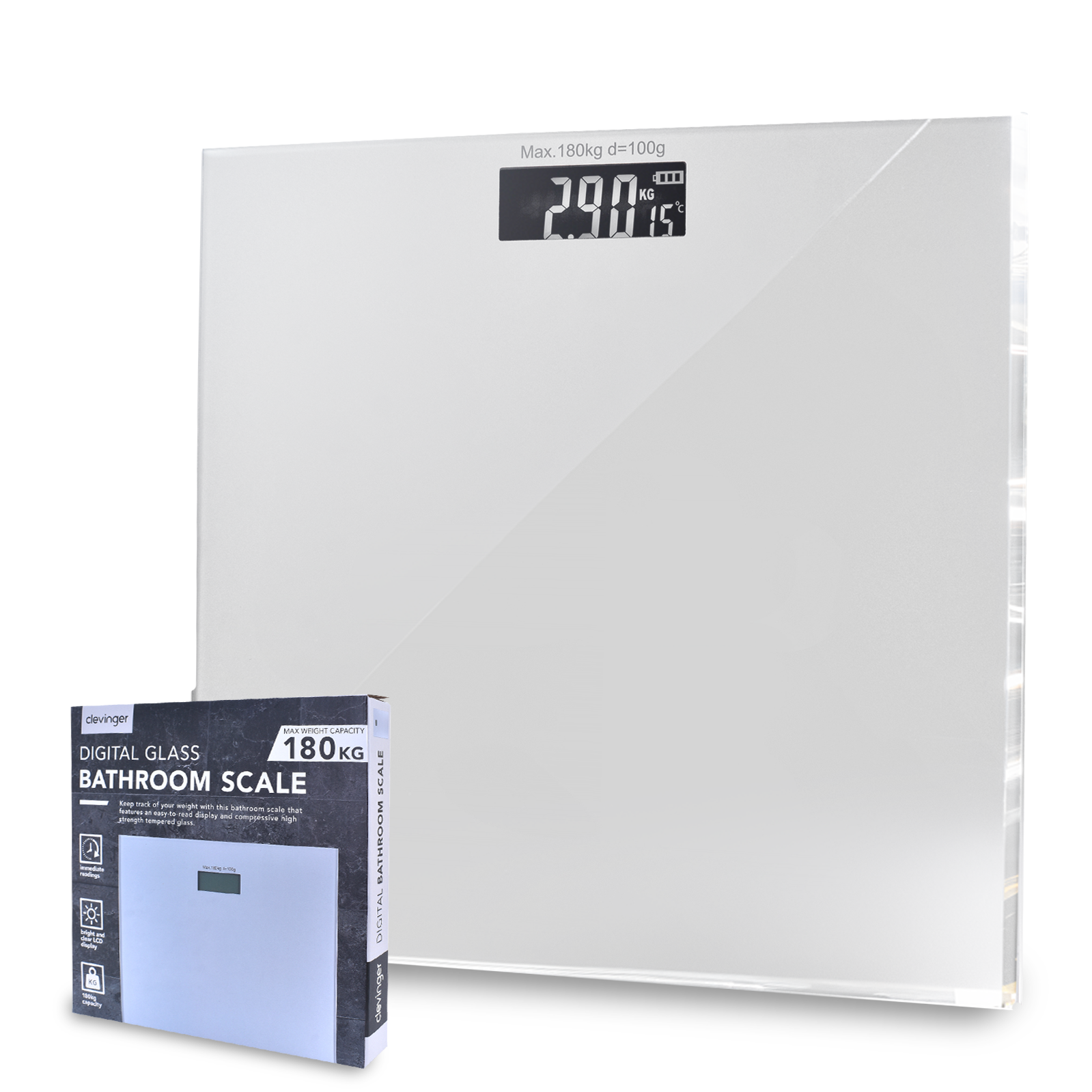 Clevinger Silver Digital Glass Bathroom Scale Max Capacity 180Kg - 01