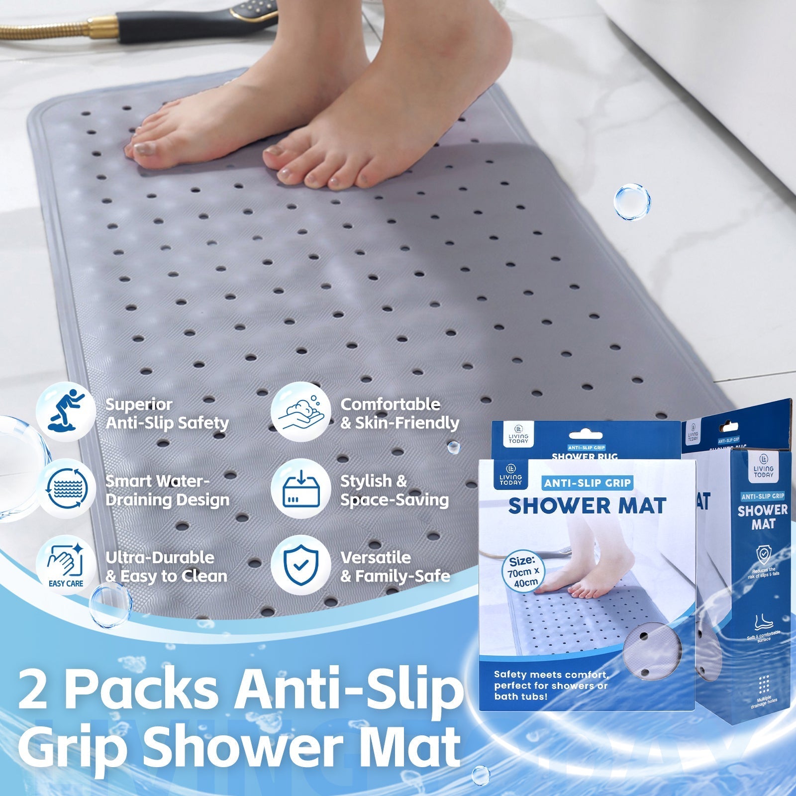 2 Pcs 7040 Cm Antislip Grip Shower Mat Quickdry Bath Mat With 100 Suction Cups - 01