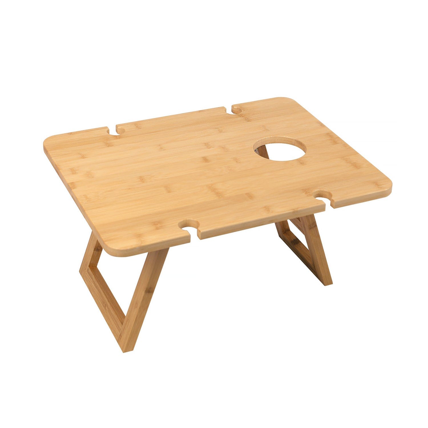 Bamboo Foldable Picnic Table Tray With Wine And Glass Holders - 01
