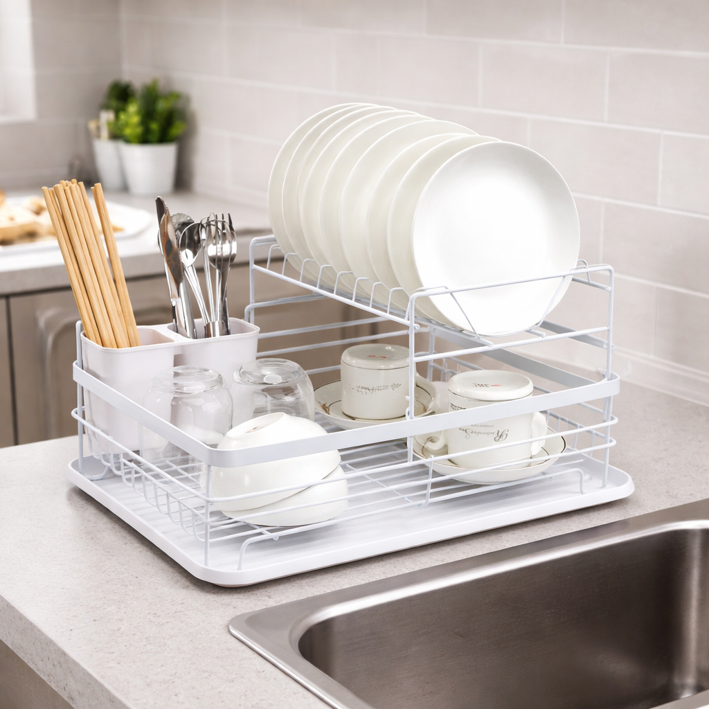 2-Tier Dish Drying Rack for Kitchen Counter with Removable Drip Tray, Utensil Holder and Cutlery Organiser - White