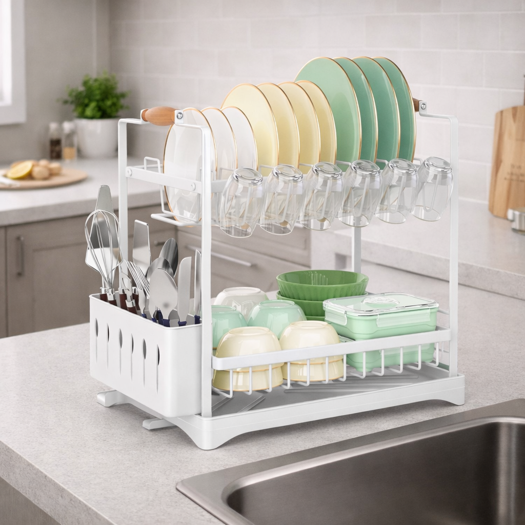 2-Tier Large Dish Drying Rack with Drainboard, Utensil Holder, Glass Hooks & Cutlery Storage - White