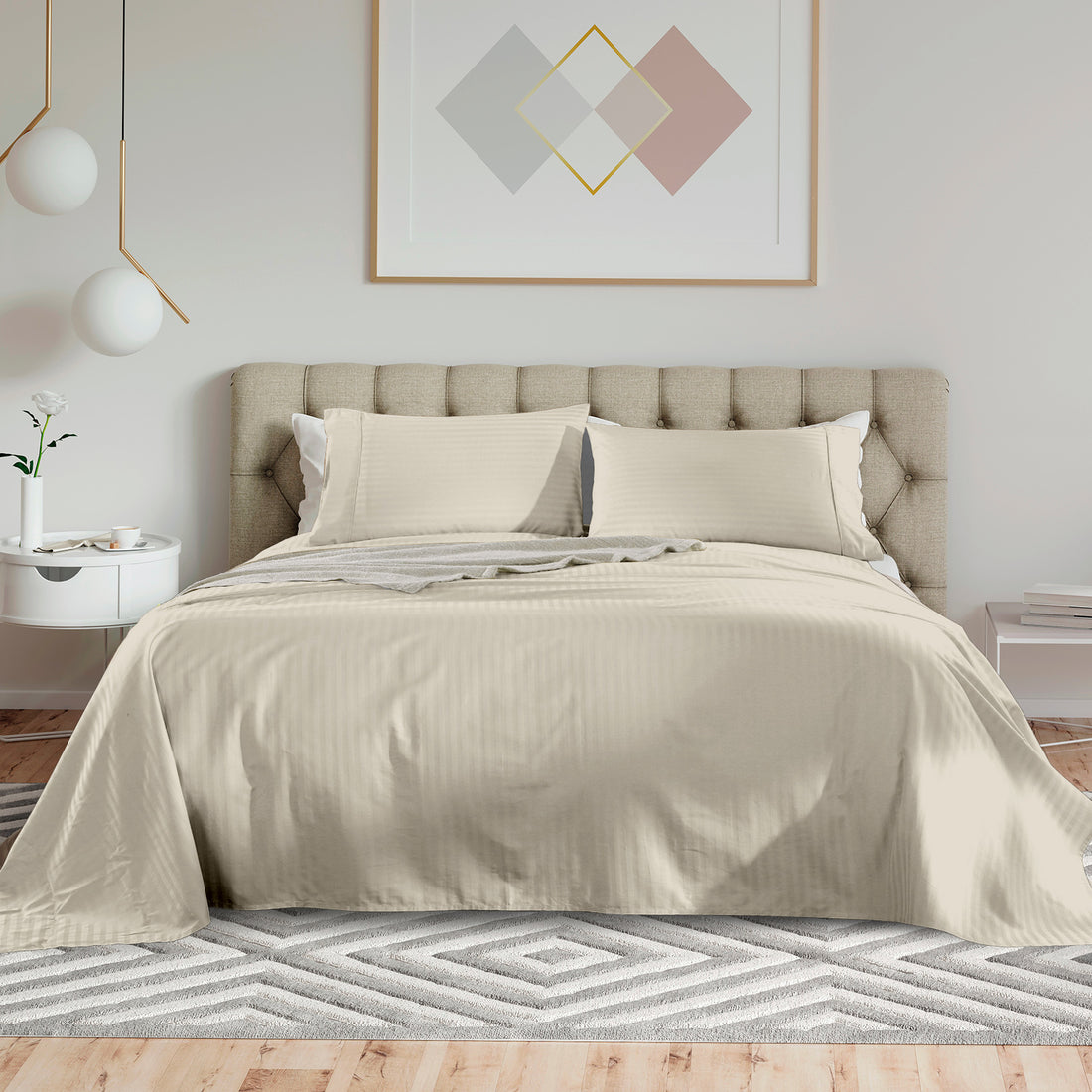 KENSINGTON 1200TC COTTON SHEET SET IN STRIPE-KING - SAND-1951134851184857088