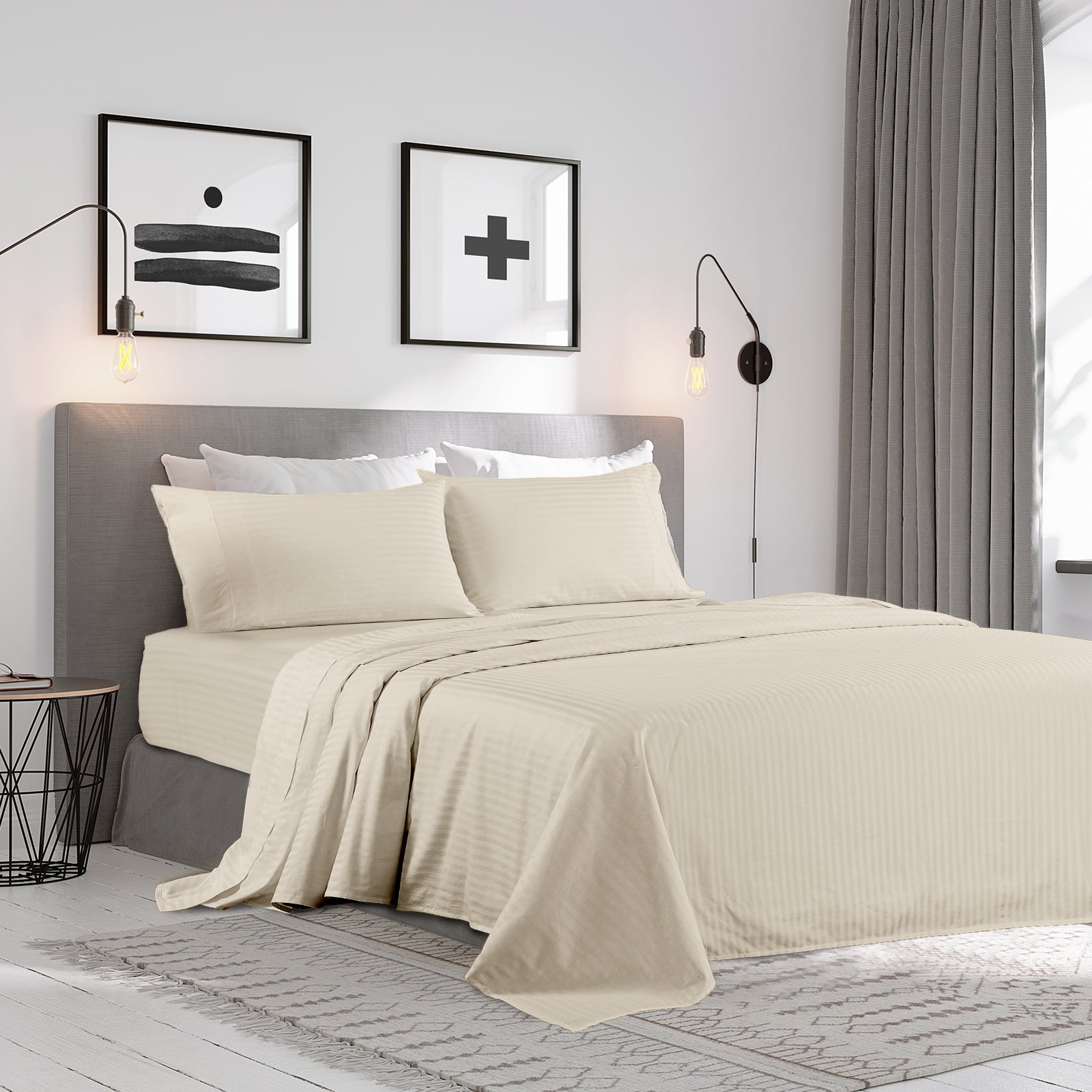 KENSINGTON 1200TC COTTON SHEET SET IN STRIPE-KING - SAND-1951134851184857090