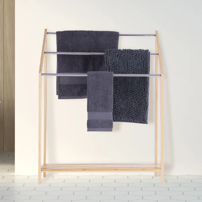 85Cm Standing Towel Rack Bamboo Towel Bar Metal 3 Tier - 02