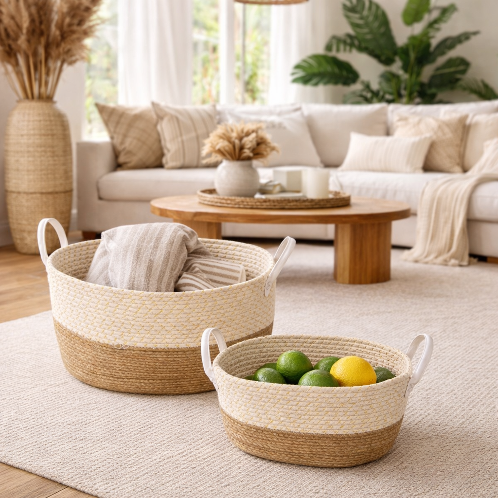 2 Pcs Cotton Rope Stripe Carry Handles Storage Baskets set