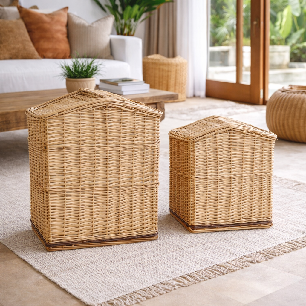 2 Pcs Wicker Storage Baskets With Lid Set