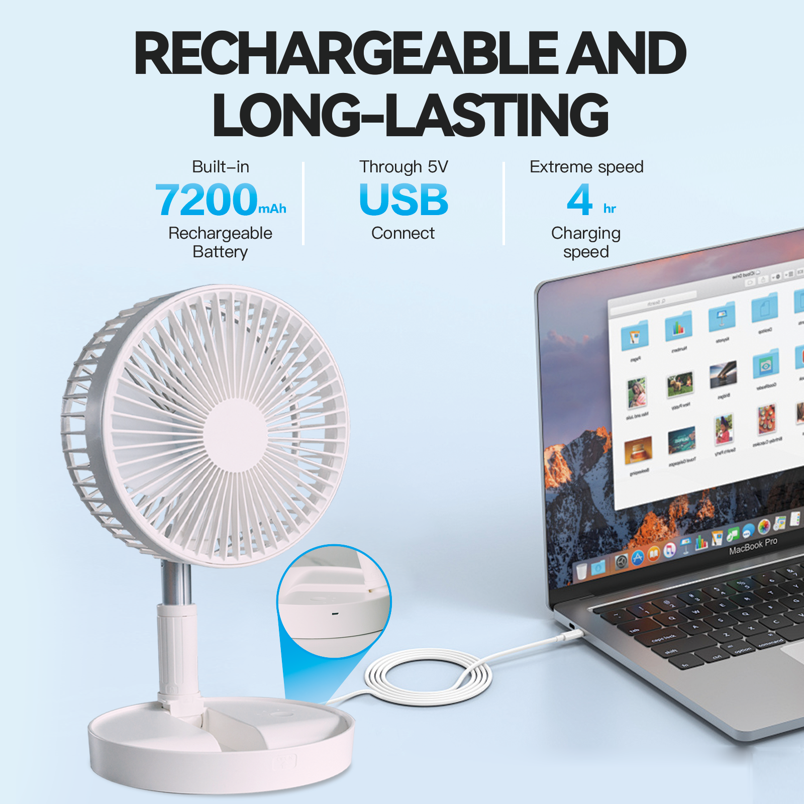 Folding Telescopic 45W Portable Heighttilt Adjustable Rechargeable Cordless Fan - 03