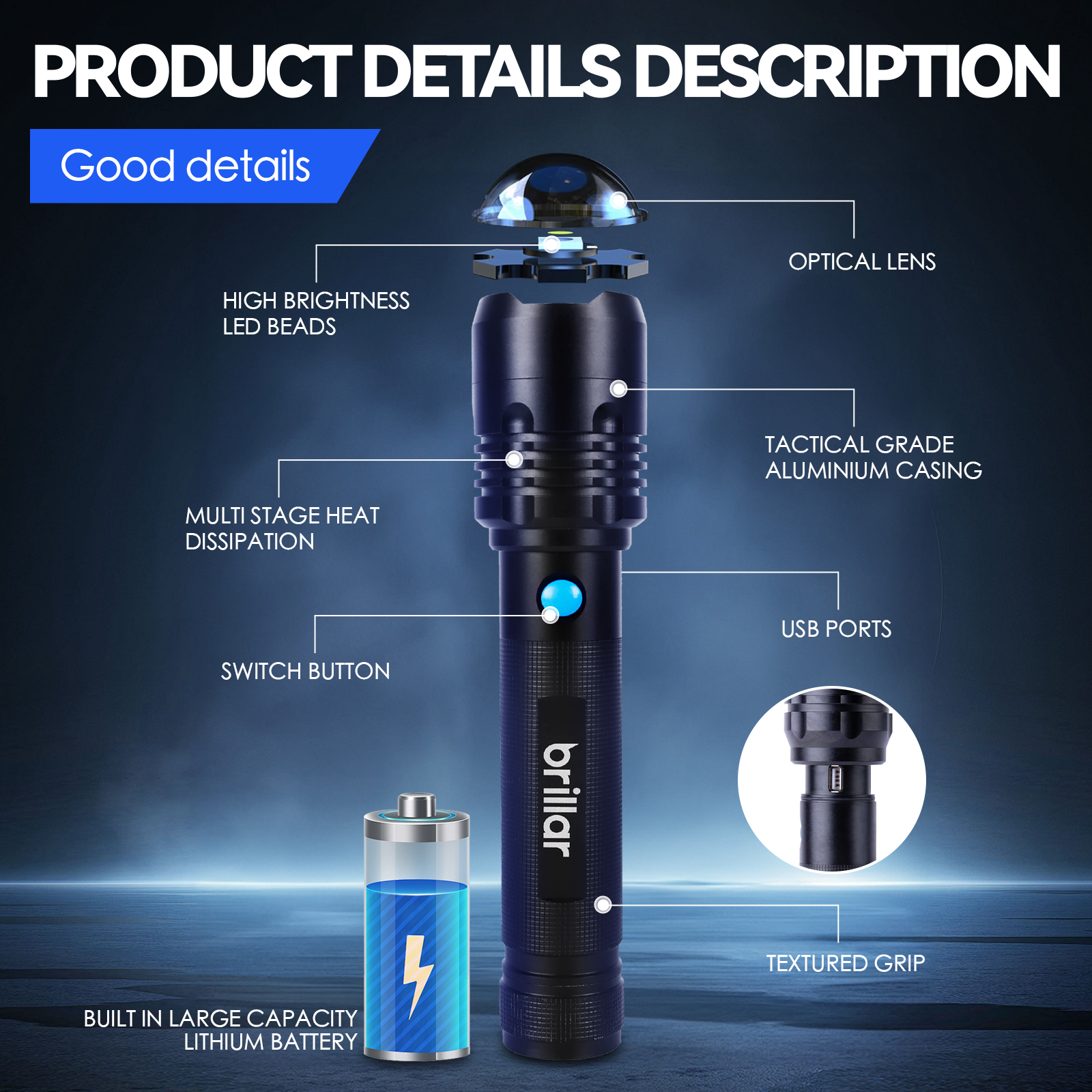 Brillar Commander 4000 Lumen Usb Rechargeable Torch - 03