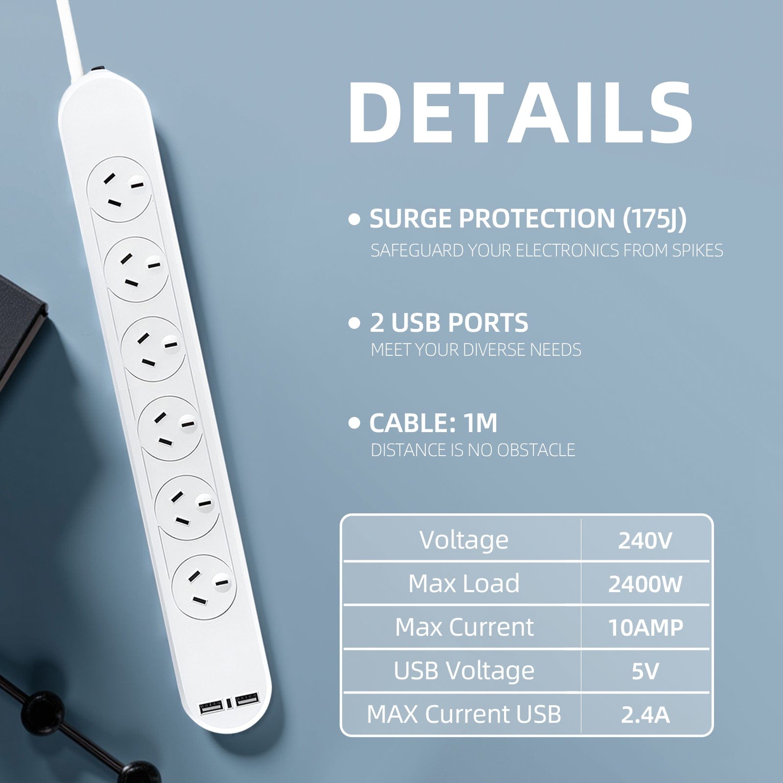 6 Outlet Powerboard With Surge Protection And Dual Usb Charger 1M Lead Cable - 01