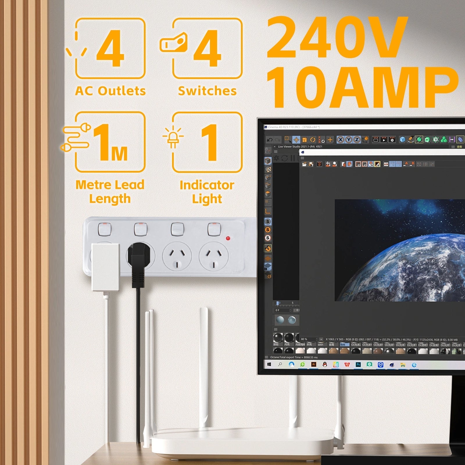 4 Outlet Power Board With Surge Protection With Individual Switches 1M Lead Cable - 06