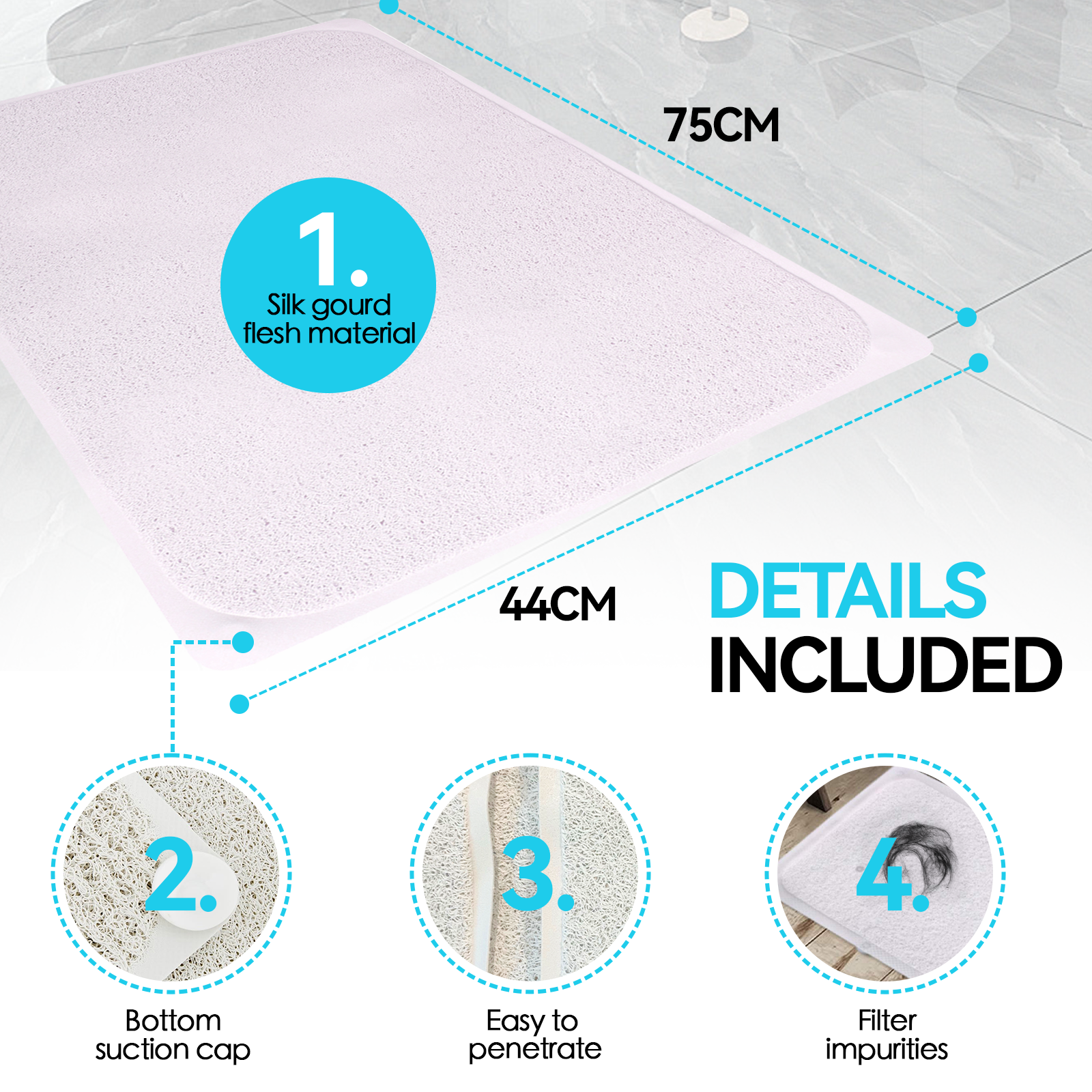 2 Pcs Premium Non Slip Loofah Shower Mat Bathroom Safe 75 X 44 Cm - 14
