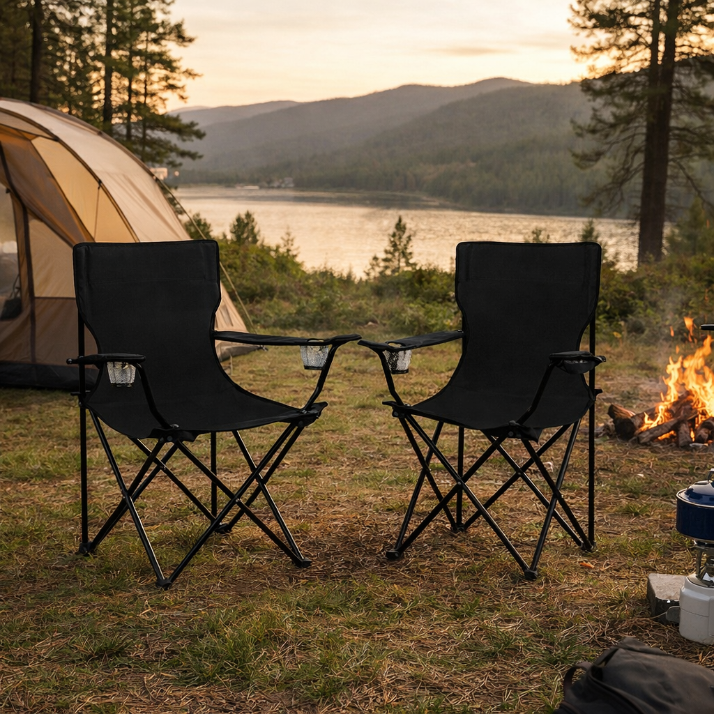 2x Camping Chairs Folding Arm - Black