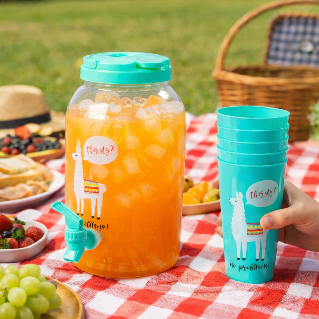 3.8L Leakproof Beverage Dispenser with 4 Cups Set - Blue