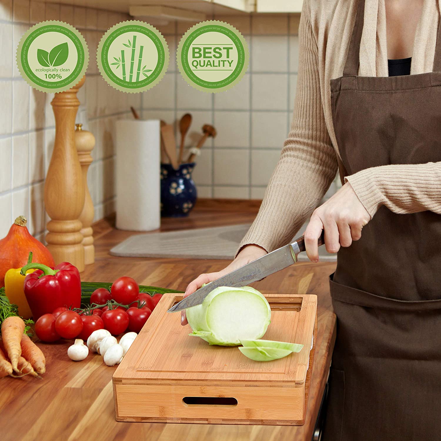 CARLA HOME Large Bamboo Cutting Board and 4 Containers with Mobile Holder gift included for Home Kitchen-1992735302866833410