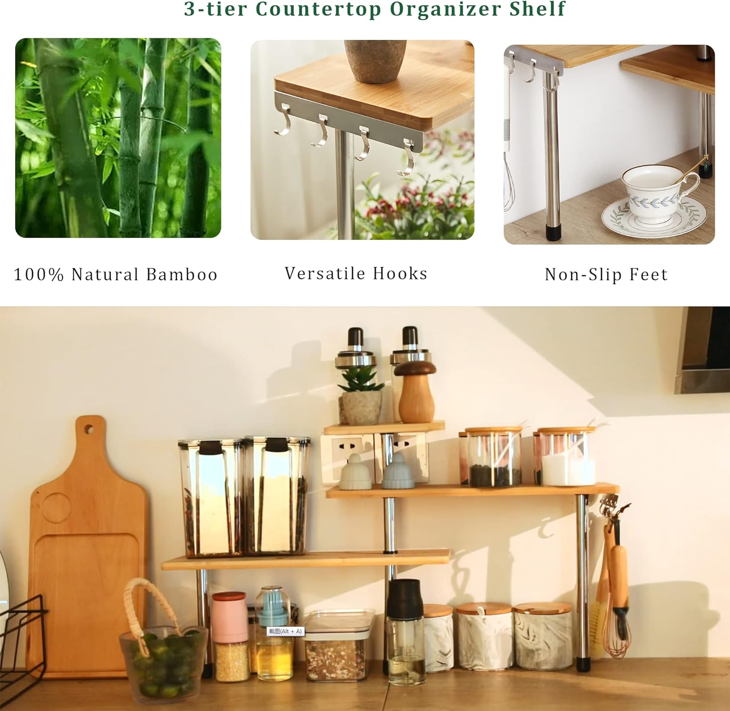 3 Tier Corner Shelf Kitchen Spice Rack Organiser with Hooks for Home Storage & Organisation, Adjustable Bamboo Wall Shelf for Pantry Organiser, Freestanding Spice Jars Storage Rack for Kitchen Storage & Organisation-1992735302694866948