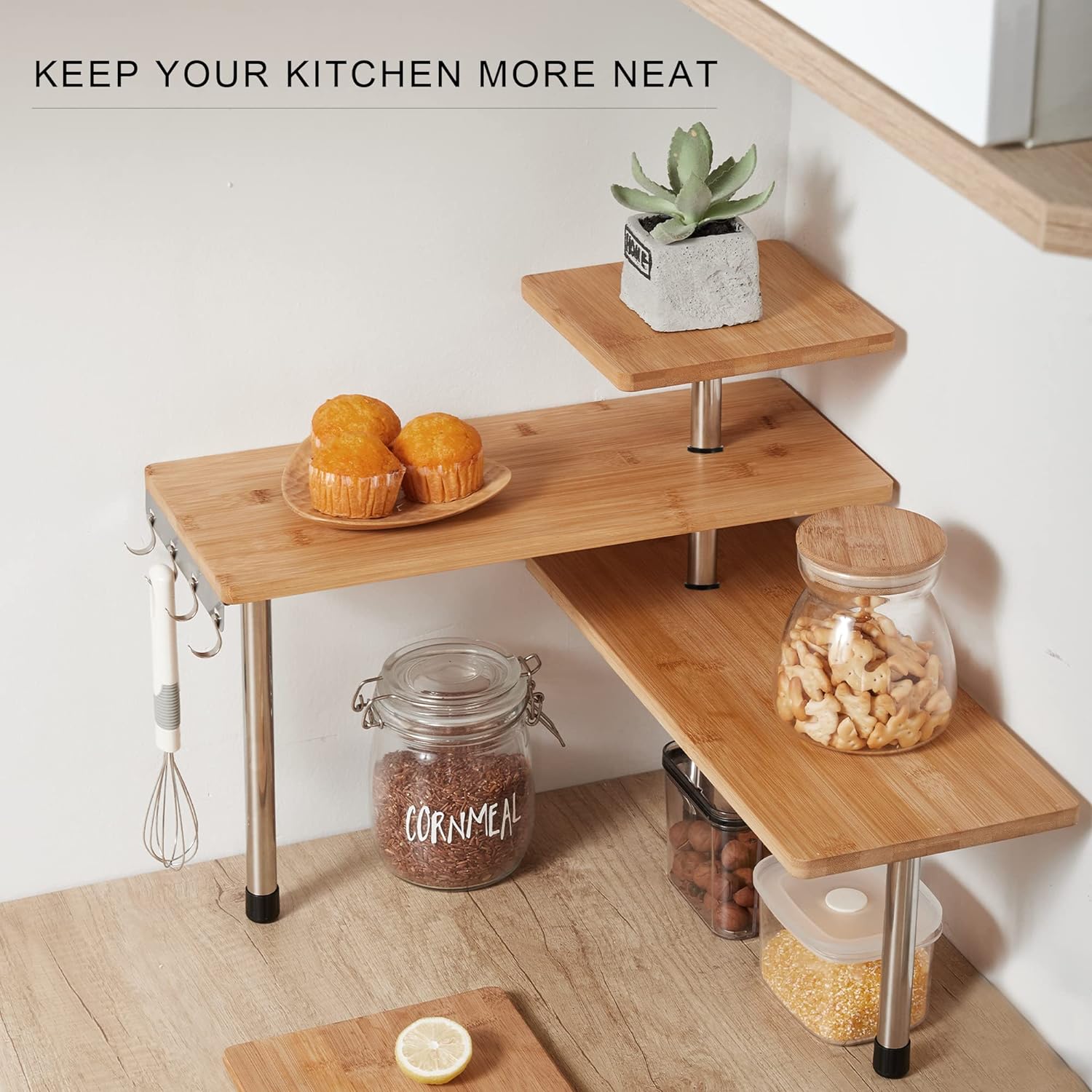 3 Tier Corner Shelf Kitchen Spice Rack Organiser with Hooks for Home Storage & Organisation, Adjustable Bamboo Wall Shelf for Pantry Organiser, Freestanding Spice Jars Storage Rack for Kitchen Storage & Organisation-1992735302694866950