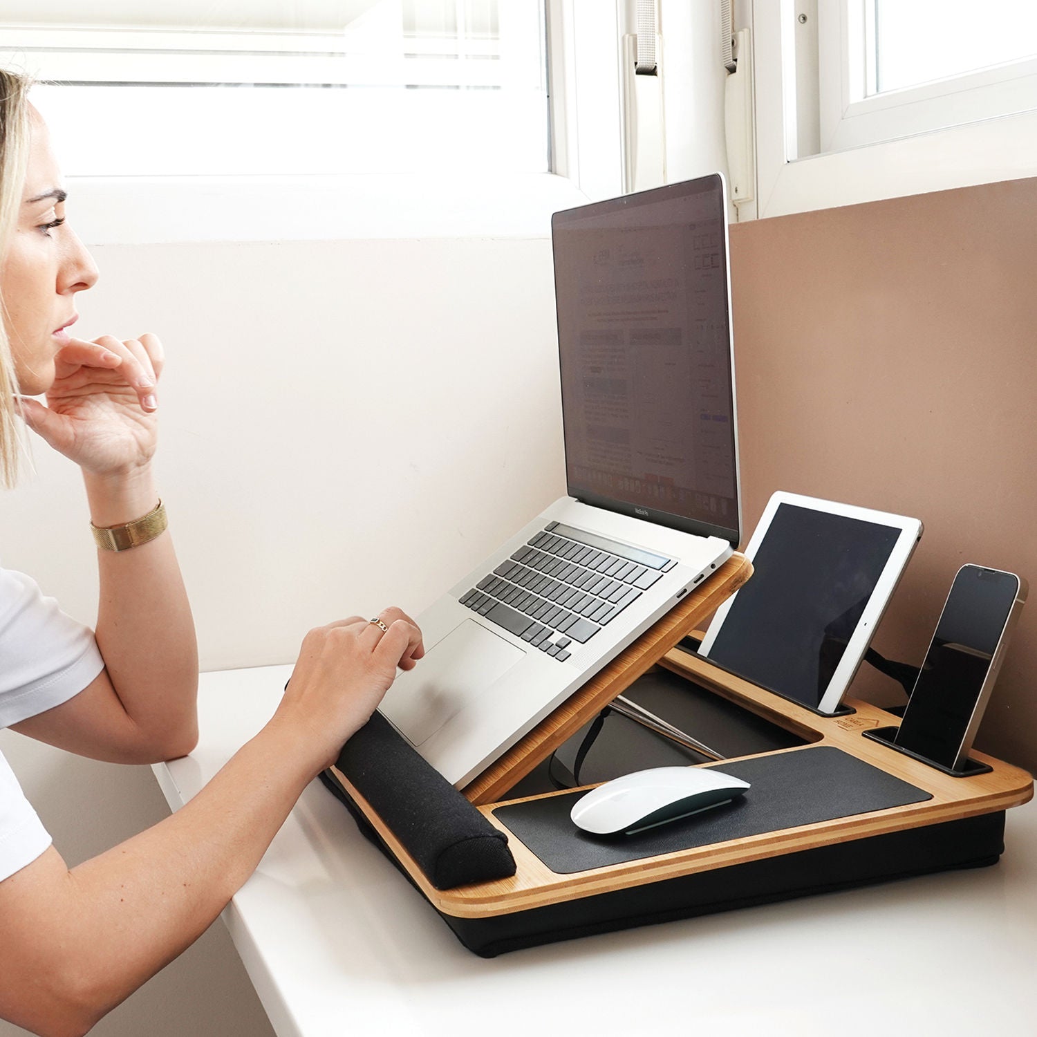 CARLA HOME Bamboo Laptop Lap Desk with Cushion, Angle Adjustable and Sleeve Case Bag for Office and Home-1992735289684135937