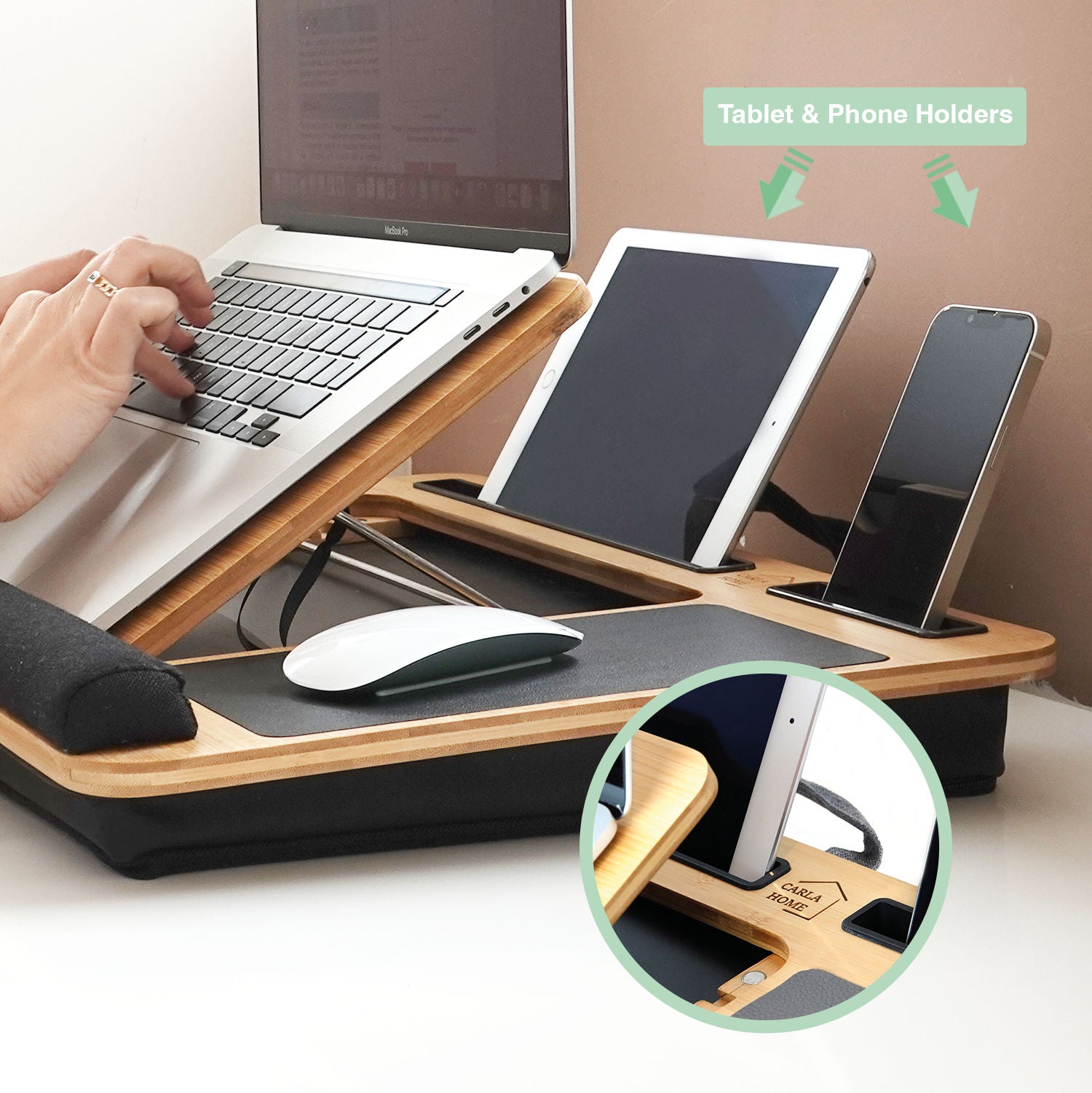 CARLA HOME Bamboo Laptop Lap Desk with Cushion, Angle Adjustable and Sleeve Case Bag for Office and Home-1992735289684135941