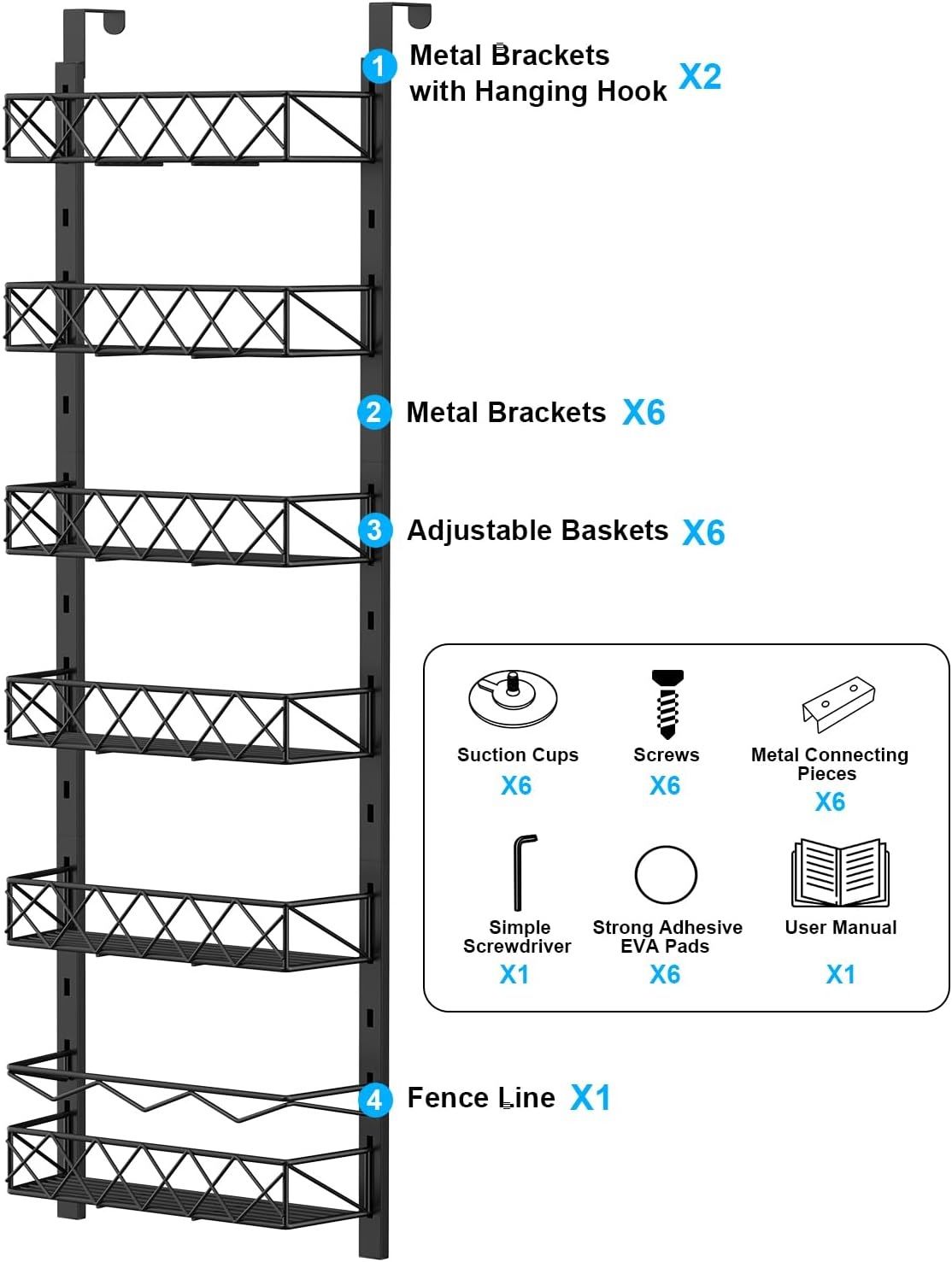 CARLA HOME 6 Tier Adjustable Baskets Over Door Pantry Organiser for Home Kitchen-1992735300773875718