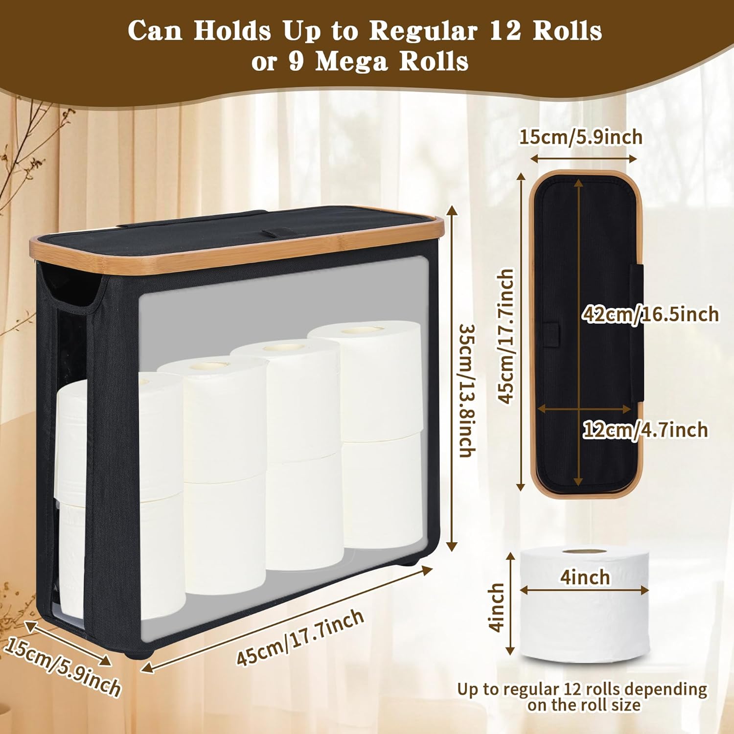 CARLA HOME Toilet Paper Storage Basket Holds Up to 12 Rolls with Bamboo Lid and Handle for RV Closet (Black)-1992735298517340162