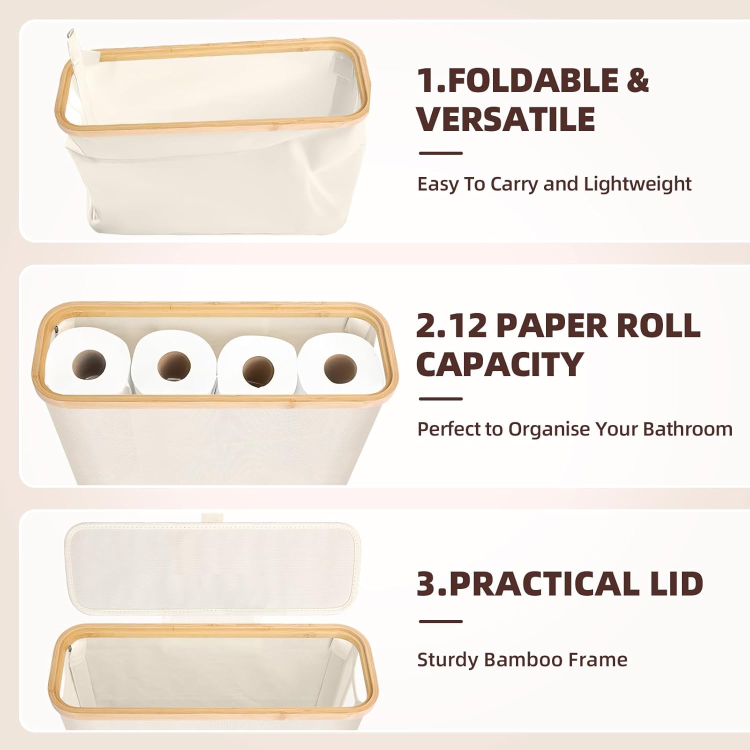 CARLA HOME Toilet Paper Storage Basket Holds Up to 12 Rolls with Bamboo Lid and Handle for RV Closet (Black)-1992735298517340167