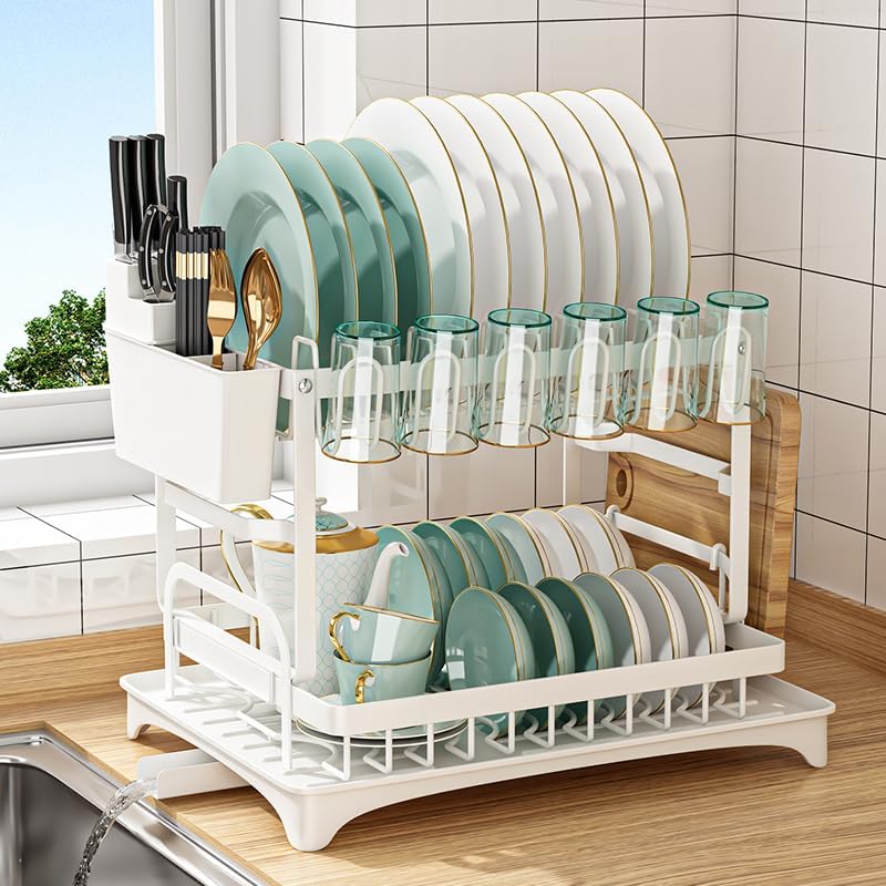 CARLA HOME 2-Tier Dish Drying Rack with Drainage Tray, Utensil Holder, Cup Hooks & Cutting Board Slot for Countertop Kitchen Storage (White)-1978962254820937728