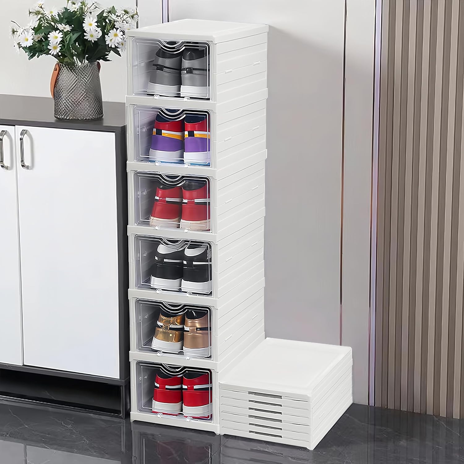 CARLA HOME 6-Tier Stackable Shoe Storage Box Organizer with Clear Door for Closet, Entryway or Cabinet-1992735297300992000