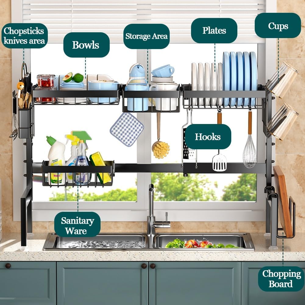 CARLA HOME Adjustable Over the Sink Dish Drying Rack with Utensil Holder, Hooks & Cutting Board Rack for Kitchen Counter Storage-1992735294436282369