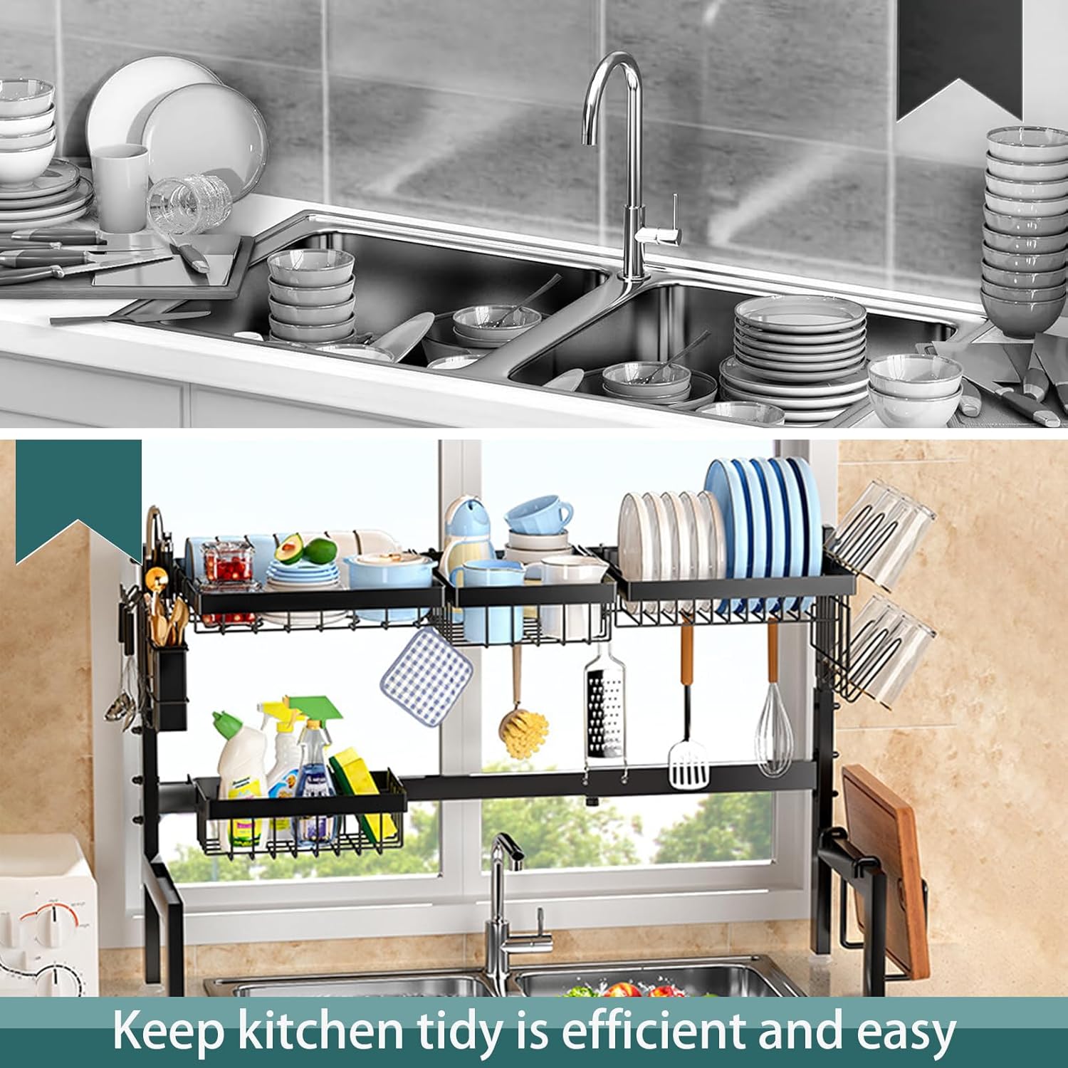 CARLA HOME Adjustable Over the Sink Dish Drying Rack with Utensil Holder, Hooks & Cutting Board Rack for Kitchen Counter Storage-1992735294436282374