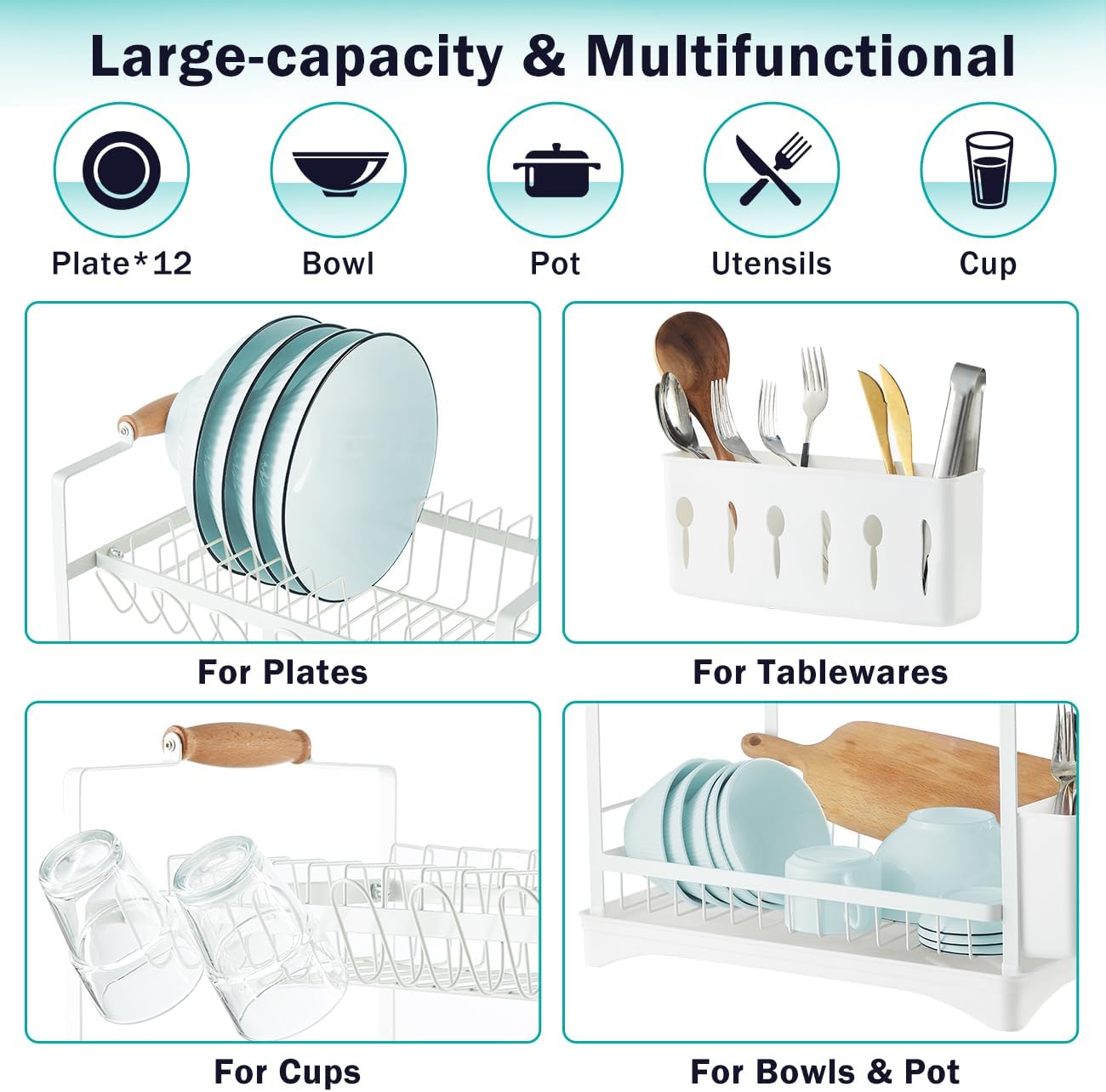 CARLA HOME 2-Tier Large Dish Drying Rack with Drainboard, Utensil Holder, Glass Hooks & Cutlery Storage (White)-1992735296420188165