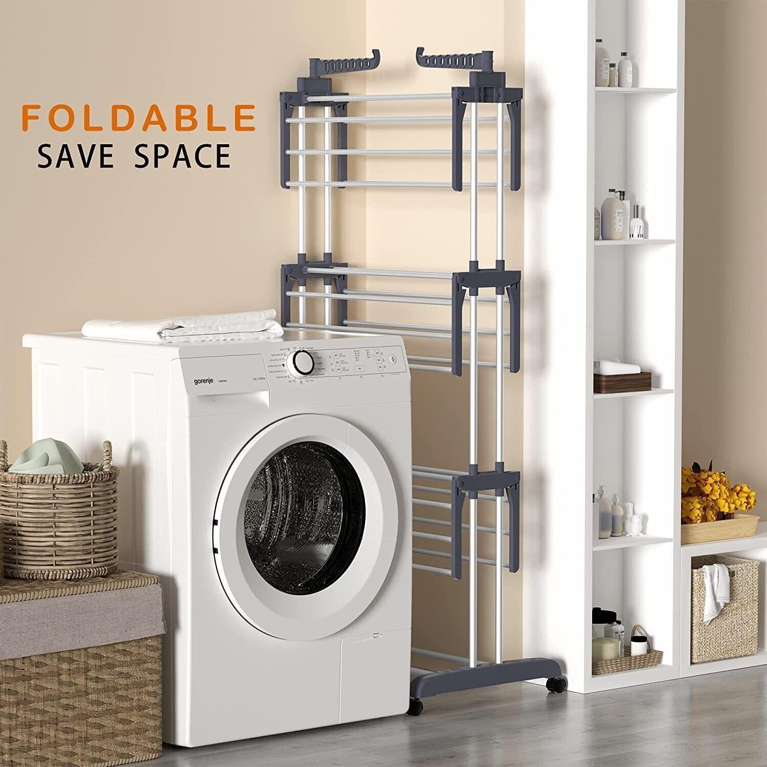 CARLA HOME Folding Clothes Drying Rack with Wheels and Adjustable Side Wings for Laundry Rack and Clothes Storage (Upgraded Model)-1992735299213594627