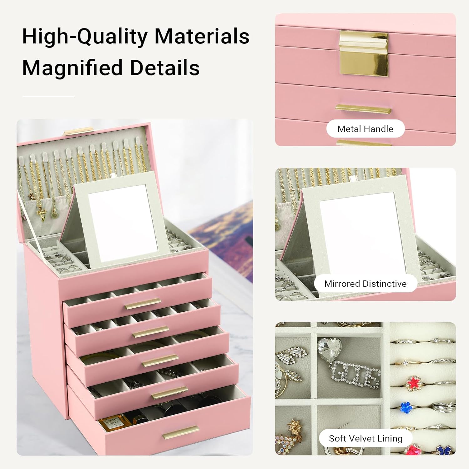 CARLA HOME  6-Layer Large Jewelry Organizer Box for Women with Mirror, Drawers, Hooks & Dividers for Rings, Necklaces, Bracelets, Ideal Gift for Women (Pink)-1992735292494319619