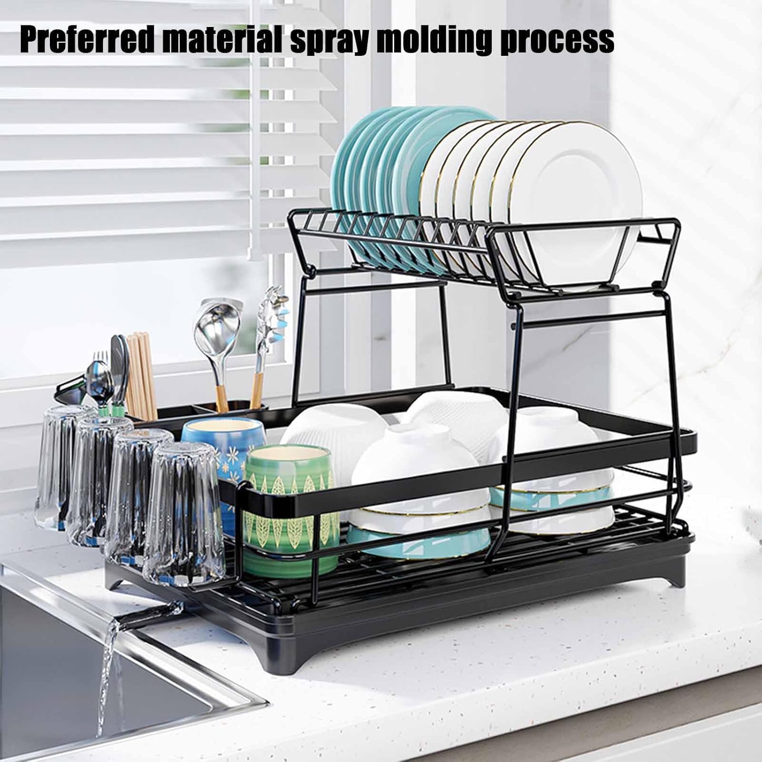 CARLA HOME 2-Tier Dish Drying Rack for Kitchen Counter with Drainboard, Utensil Holder, Cup Rack & Cutlery Organizer-1992735293530312706