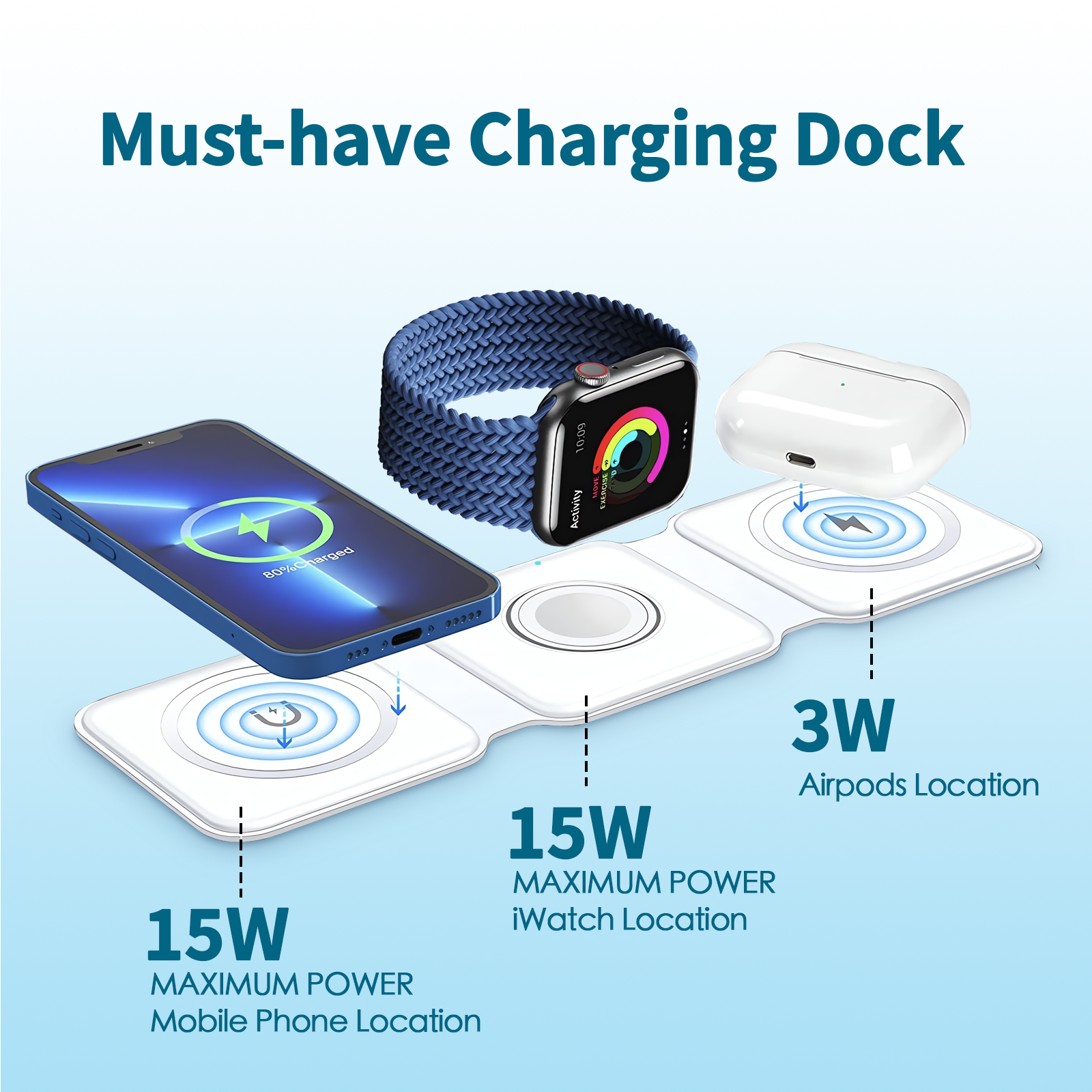 3 In 1 Wireless 15W Qi Fast Charging Foldable Station For Apple Mag Safe - 02