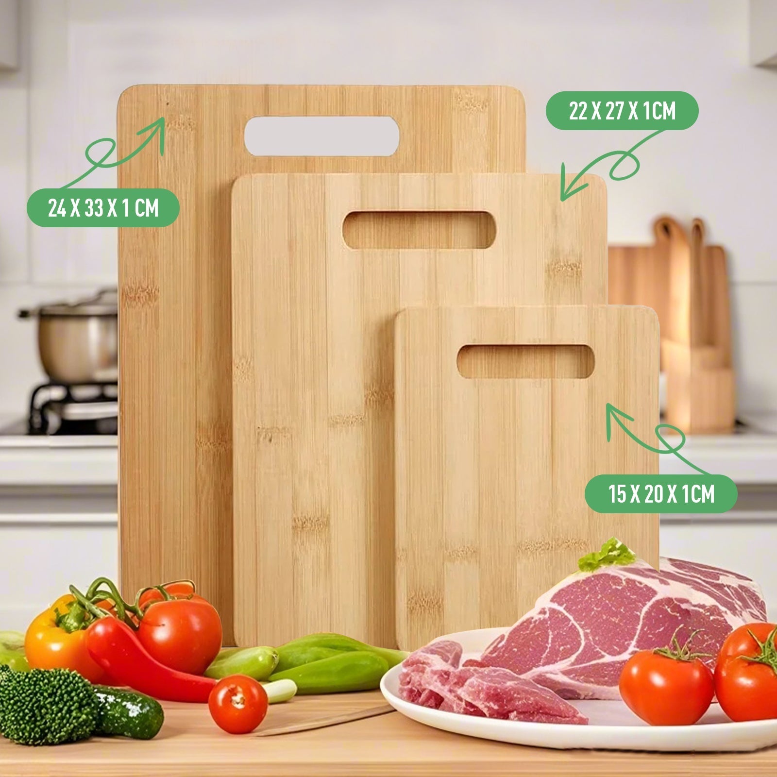 3 Pcs Bamboo Cheese Cutting Serving Chopping Board Set - 03