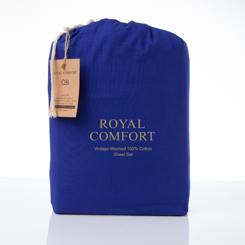 4PCS Vintage Washed Cotton Sheet Set (Double Size) - Royal Blue