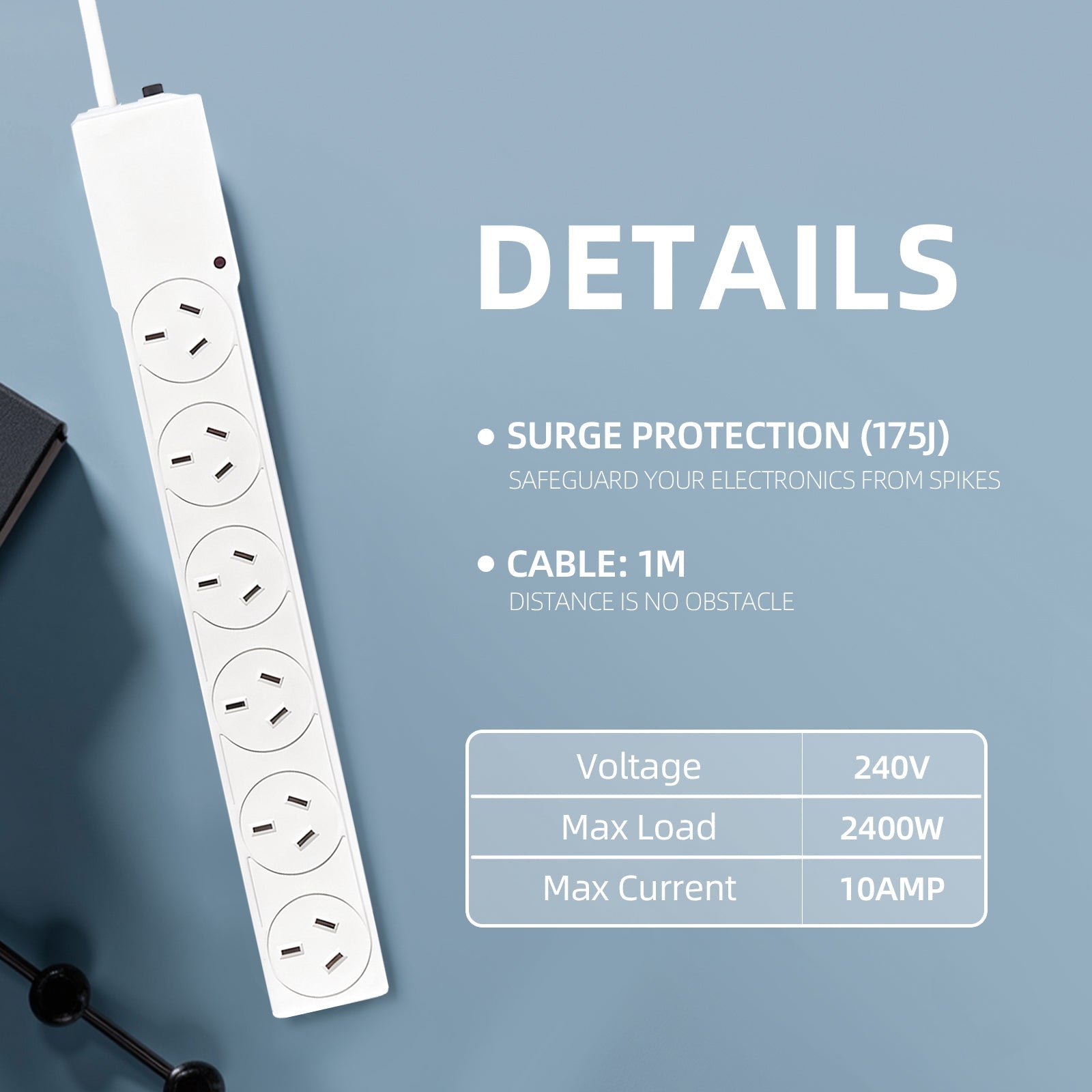 6 Outlet Power Board With Surge Protection 1M Lead Cable - 01