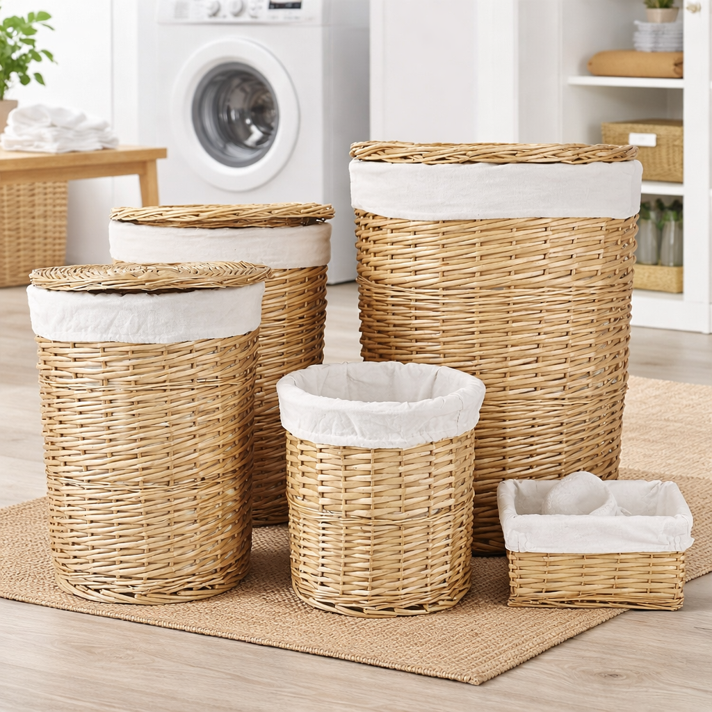 5 Pcs Wicker Storage Laundry Baskets With Liner Set