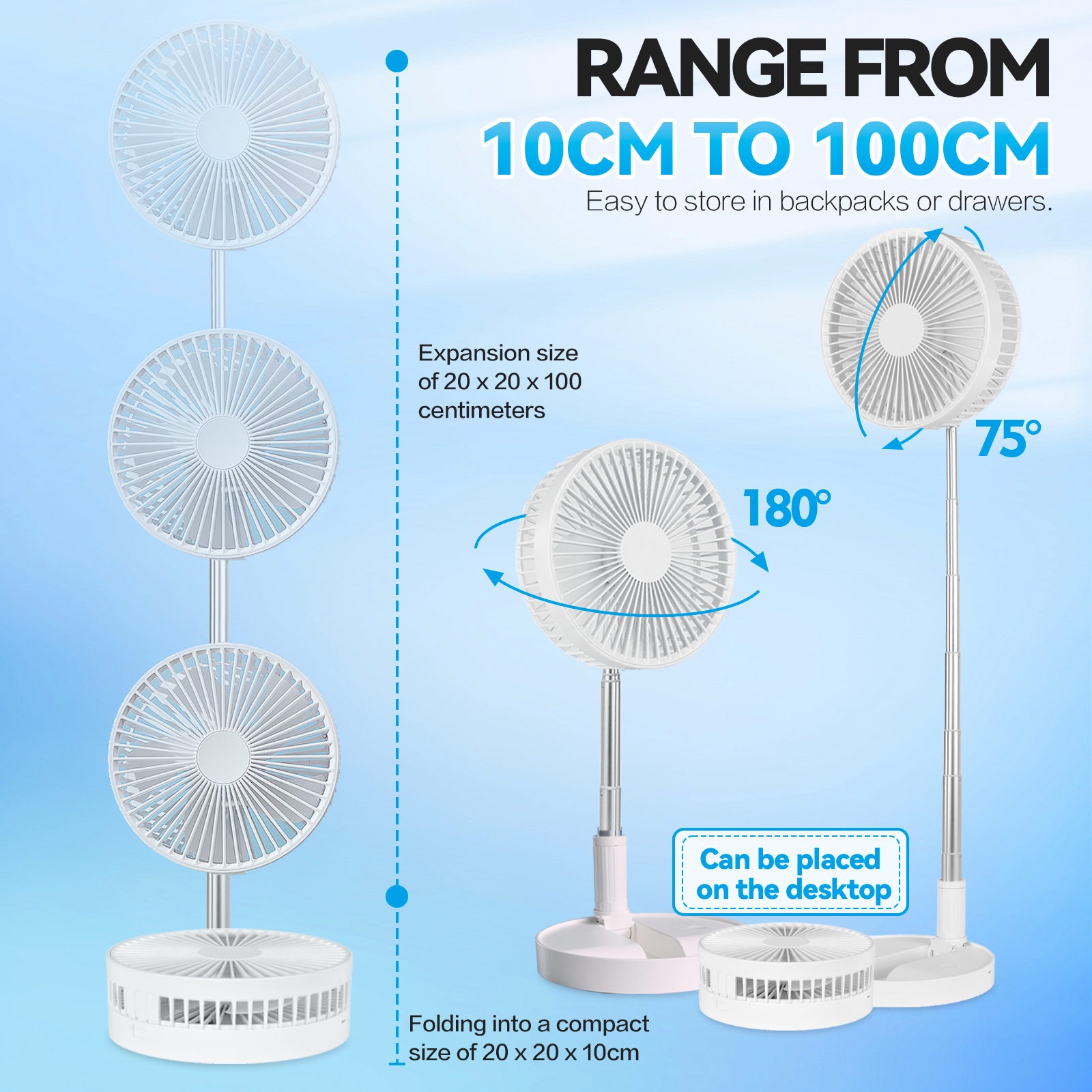 Folding Telescopic 45W Portable Heighttilt Adjustable Rechargeable Cordless Fan - 17