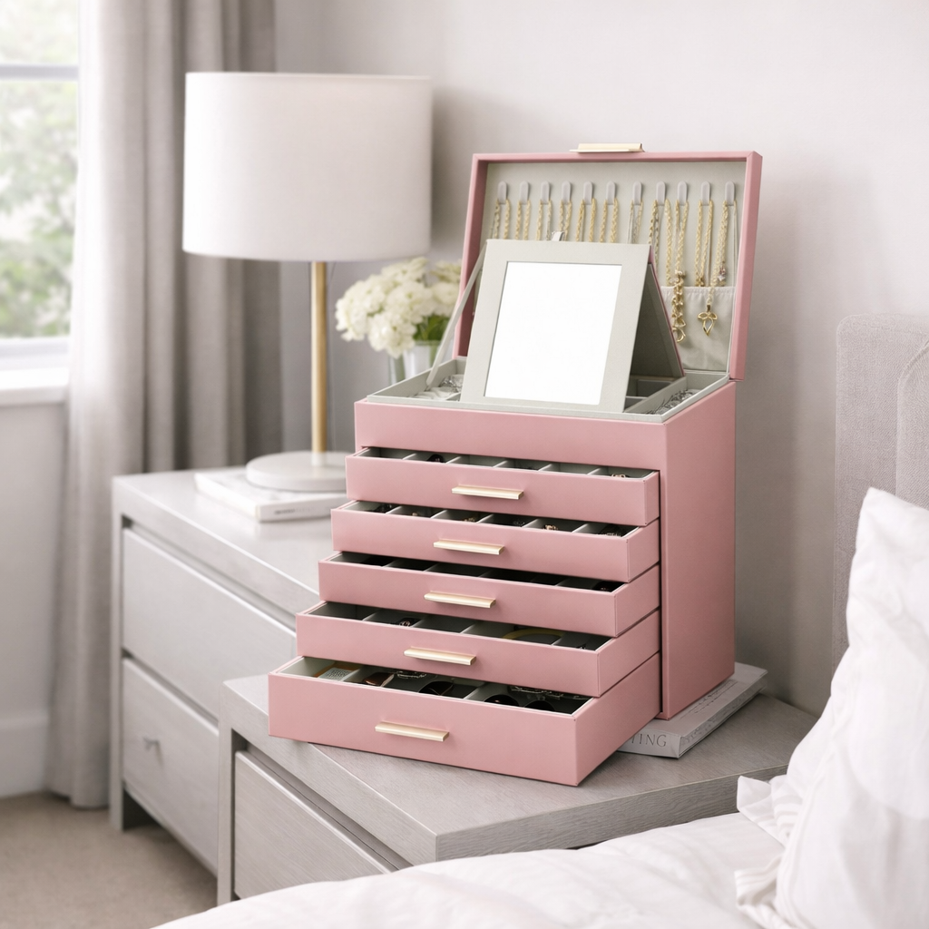 6-Layer Large Jewellery Organiser Box with Mirror and 5 Drawers - Pink