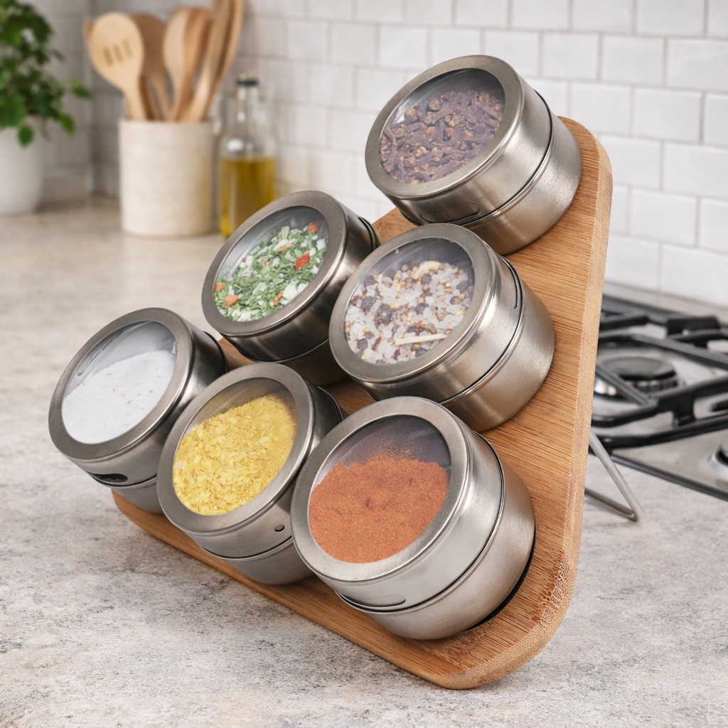 6 Cans Magnetic Triangular Bamboo Spice Rack for Kitchen