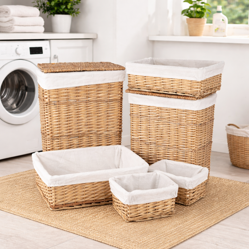 6 Pcs Wicker Storage Laundry Baskets With Liner Set