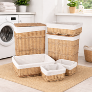 6 Pcs Wicker Storage Laundry Baskets With Liner Set