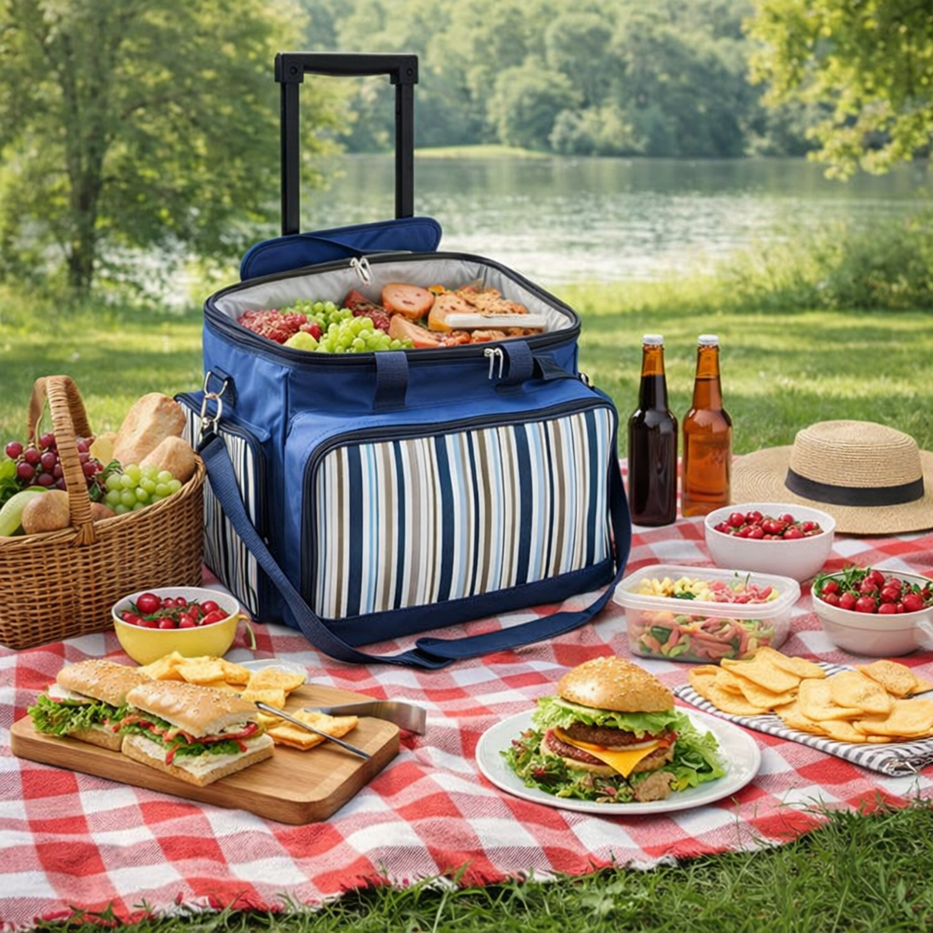 6 Person Picnic Basket Set Bag Wheels Insulated - Blue