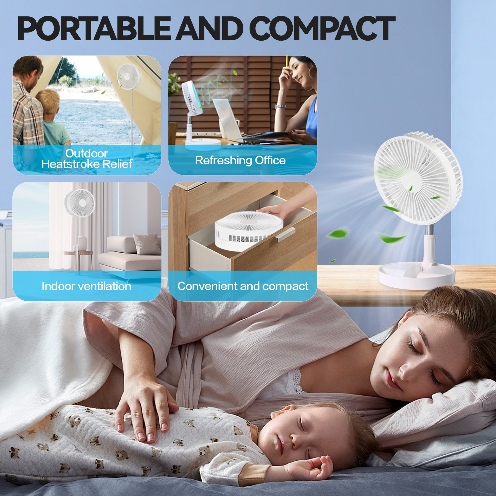 Folding Telescopic 45W Portable Heighttilt Adjustable Rechargeable Cordless Fan - 06